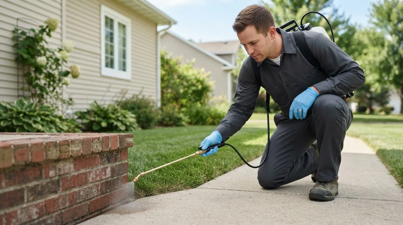 Pest control technician treating a home near Jamestown, OH