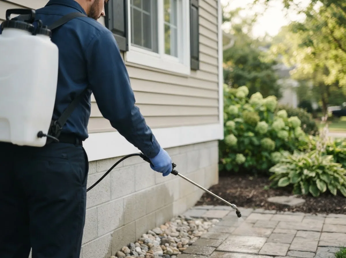 Pest control technician inspecting a home in Jamestown, OH